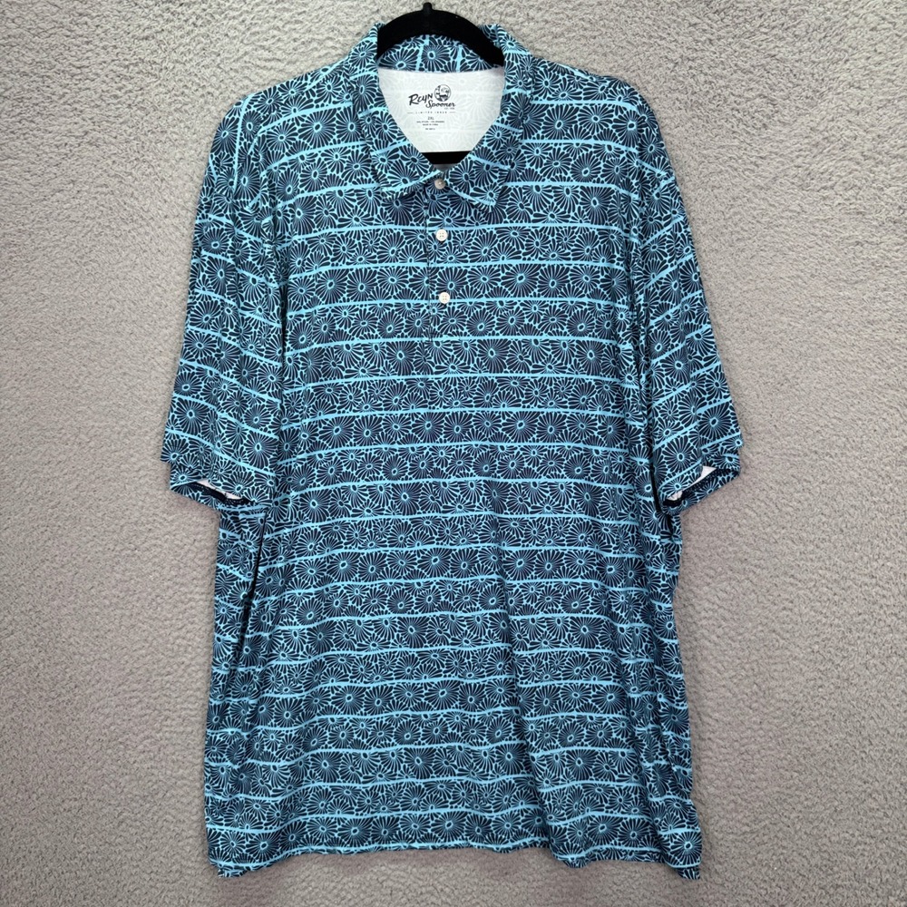 Reyn Spooner Polo Shirt Mens 2XL Blue Floral Limited Issue Medallion Performance - Picture 2 of 10